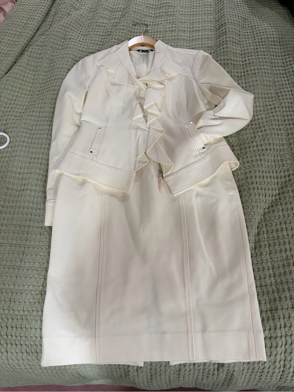 White House Black Market Cream Ruffle Front Skirt Suit